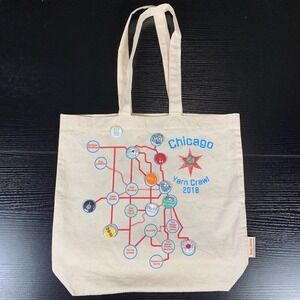 Chicago Yarn Crawl 2018 Tan Project Tote Bag with Shop Pins Knit Crochet